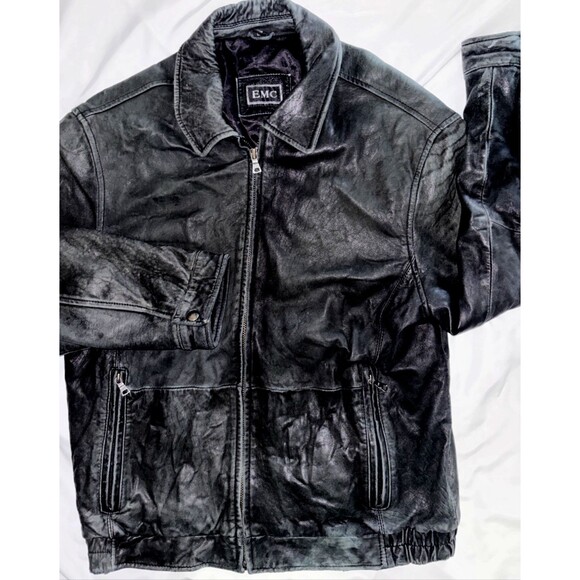 EMC Men's 100% Black Leather Moto Bomber Jacket Large Soft - Picture 2 of 6